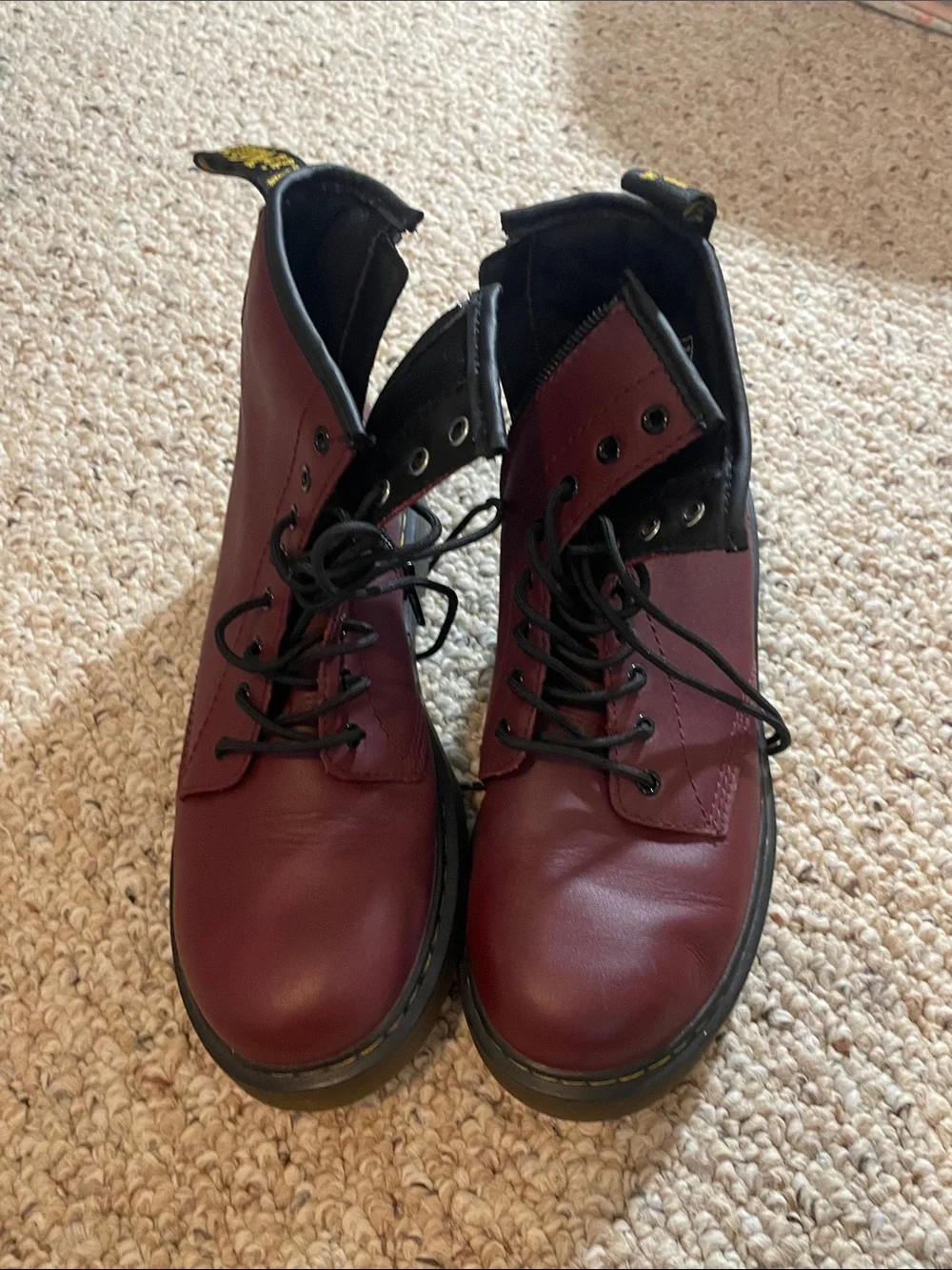 Dr. Martens Burgundy Leather Lace-Up Combat Boots with Black Accents